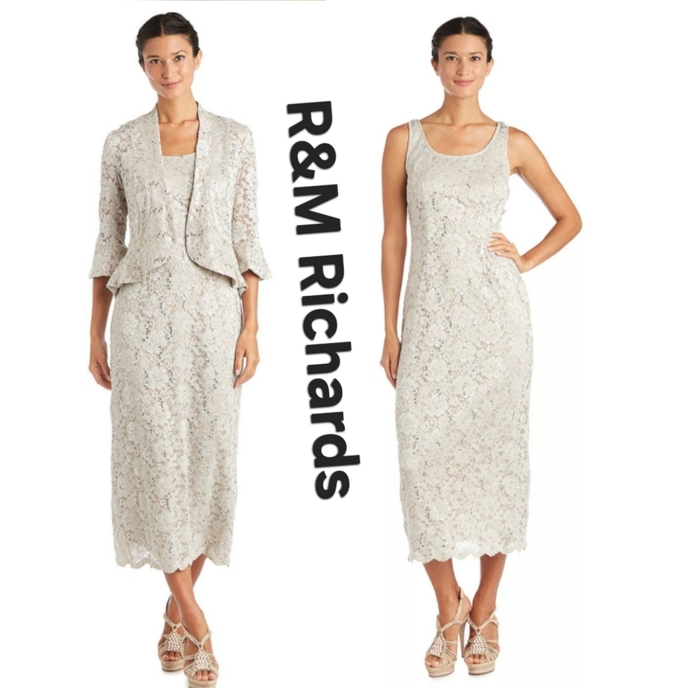 R&M Richards Ivory Lace Midi Dress with Matching Jacket